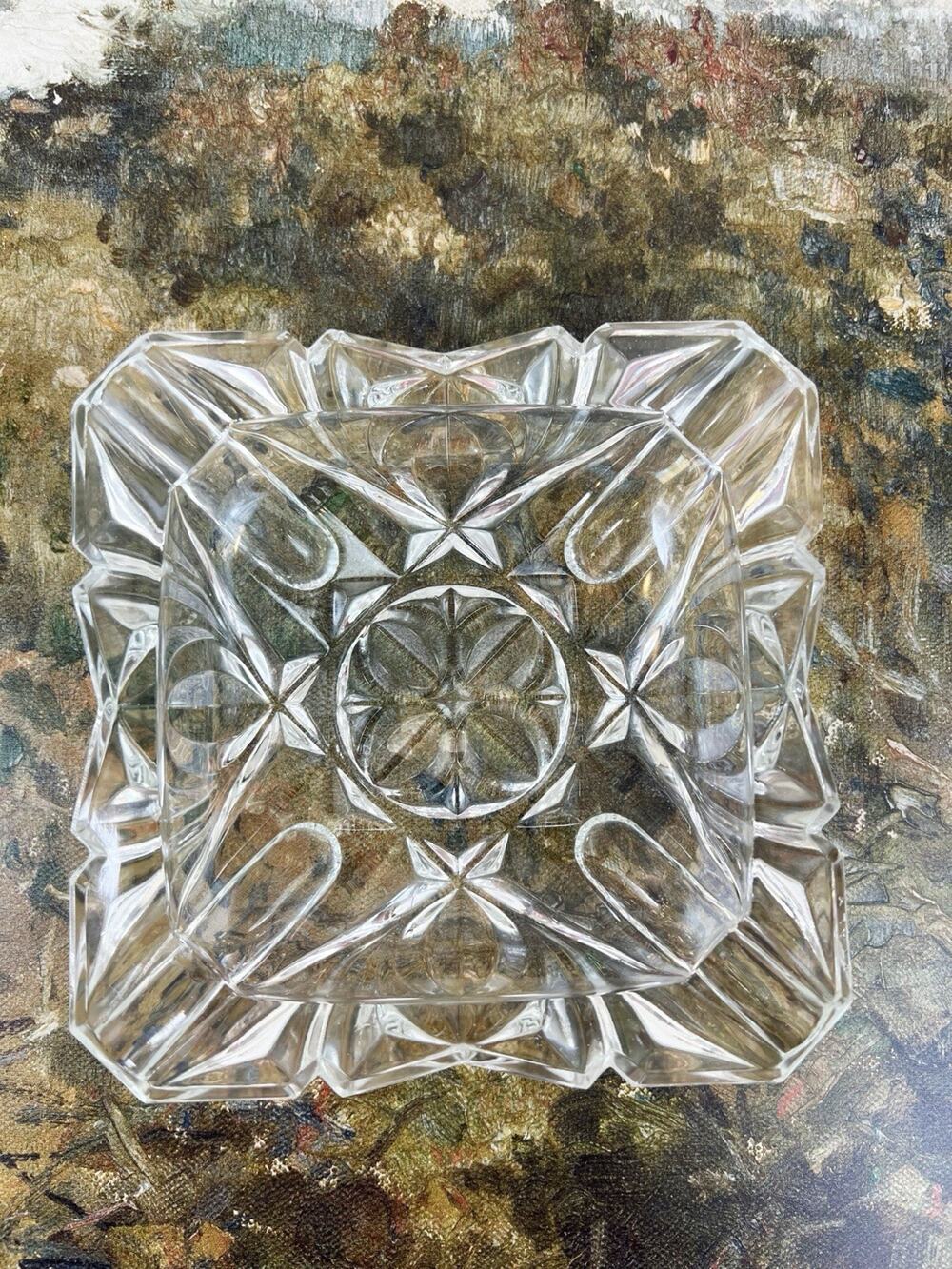 VINTAGE MCM CLEAR CRYSTAL Thick Heavy Glass Square Cigar Ashtray 4 Slot 6.25”